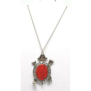 Turtle Pendant Necklace With Faux Red Stone Silver Chain 24"